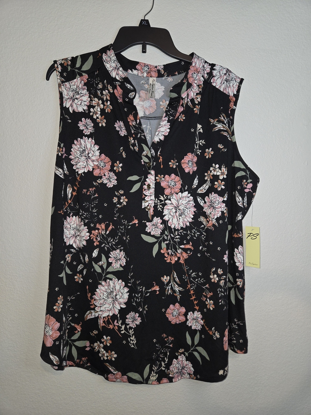 Perseption Black Floral Sleeveless Blouse Pink & Cream Blooms 2x Boho Chic